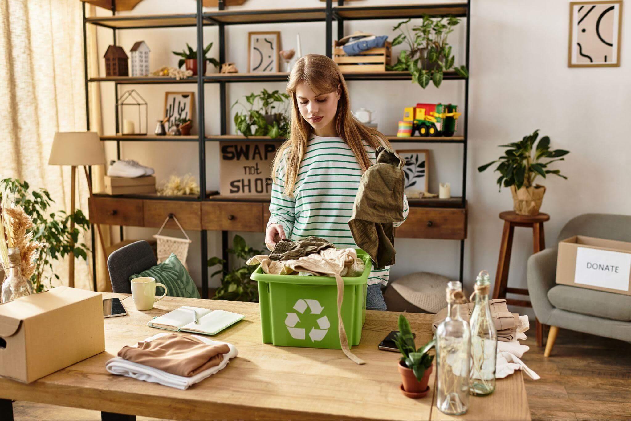 Uma mulher está em frente a uma mesa de madeira. Separa a roupa do curto-circuito e reduz os resíduos para diminuir a pegada ambiental da sua coleção. 